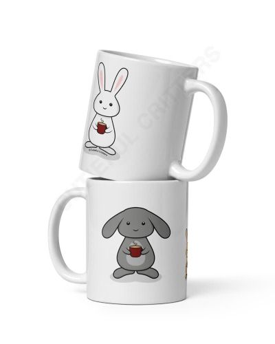 3 Bunnies With Coffee White Glossy Mug