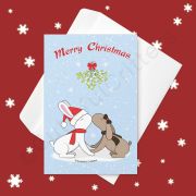 Bunnies are kissing under the mistletoe Greeting card