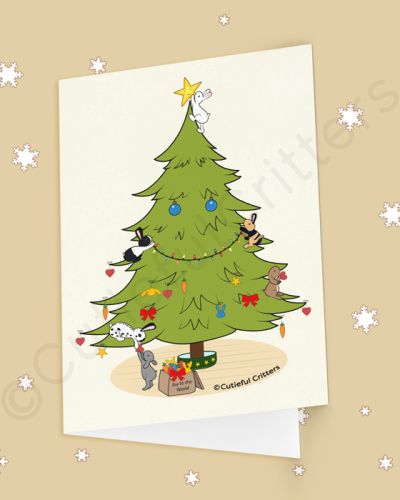 Hoppy little bunnies make the Christmas tree smile Greeting card