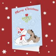 Bunnies are kissing under the mistletoe Greeting card