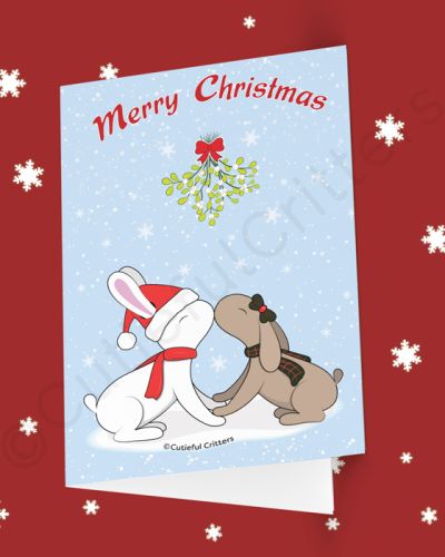 Bunnies are kissing under the mistletoe Greeting card