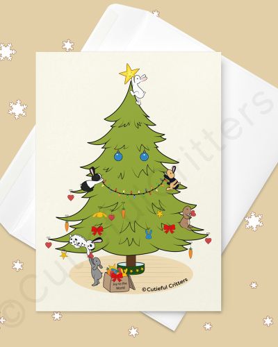 Hoppy little bunnies make the Christmas tree smile Greeting card