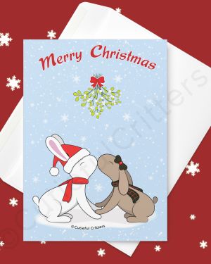 Bunnies are kissing under the mistletoe Greeting card